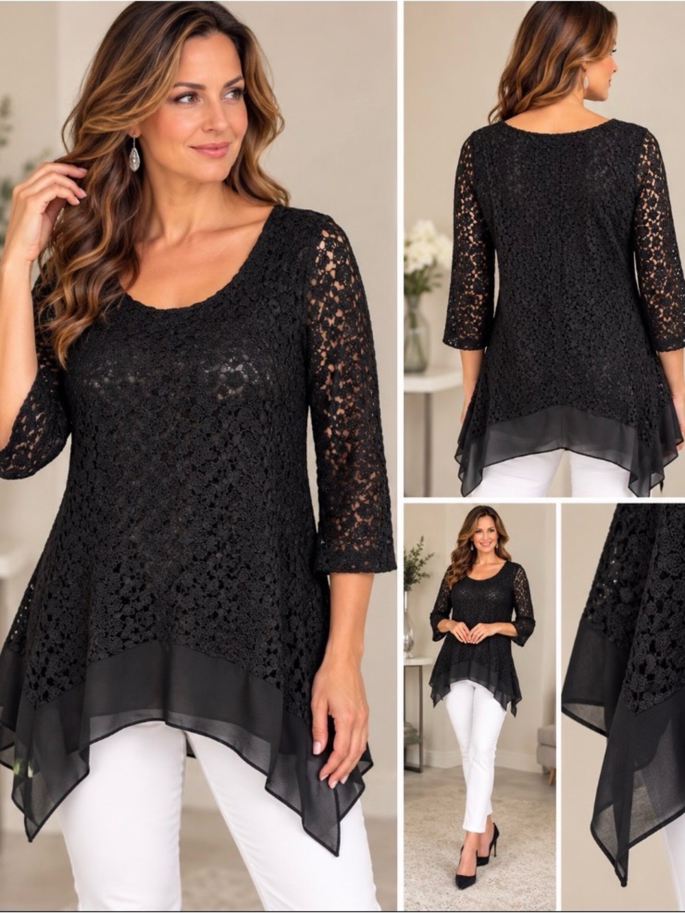 Joseph Ribkoff Black Lace Chiffon Handkerchief Tunic Top Size 6
